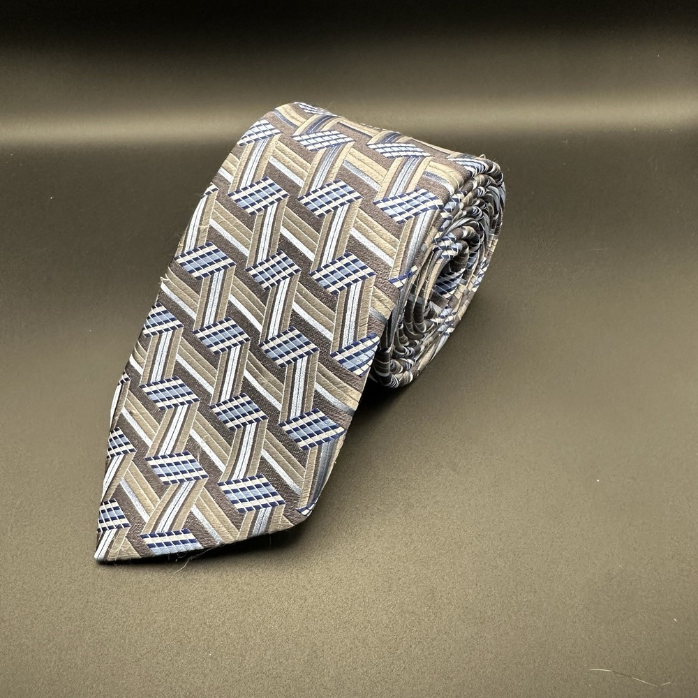 Ermenegildo Zegna Men's‎ Tie 100% Silk Made In Italy Luxury Blue Gray Geometric